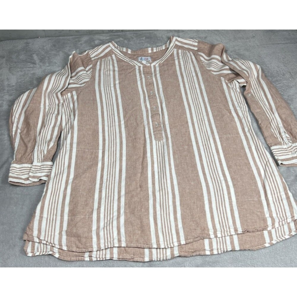 Denim & Co Long Sleeve Top Women Size 1X Lightweight 55% Linen Striped Summer